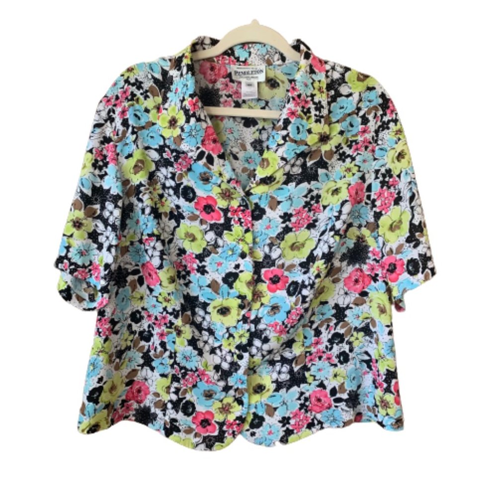 Pendleton 16W Bright Floral Women's Short Sleeve Button Down Top Blouse EUC